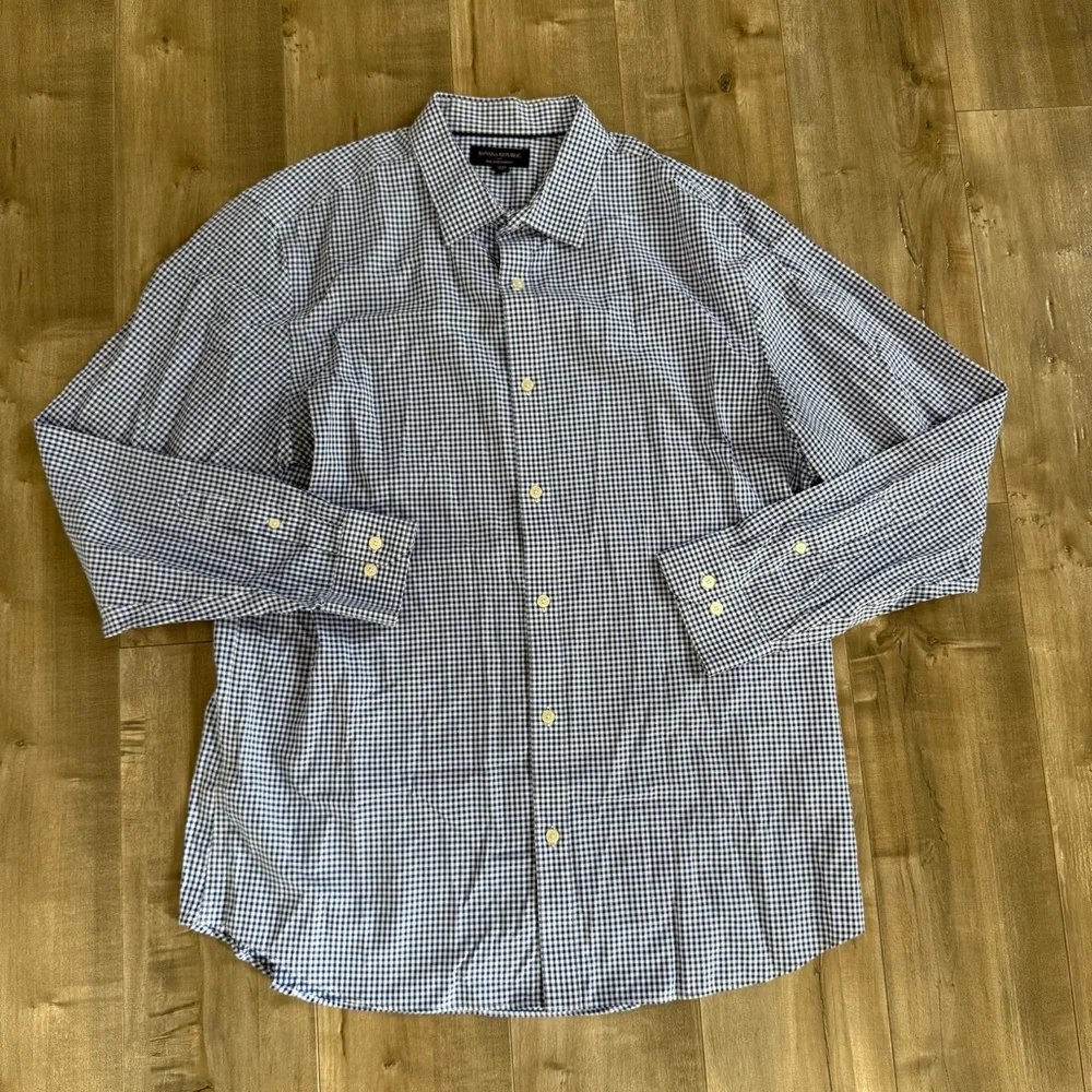 Banana Republic‎ Slim Fit Non Iron Long Sleeve Button Up Men XL Blue White Check